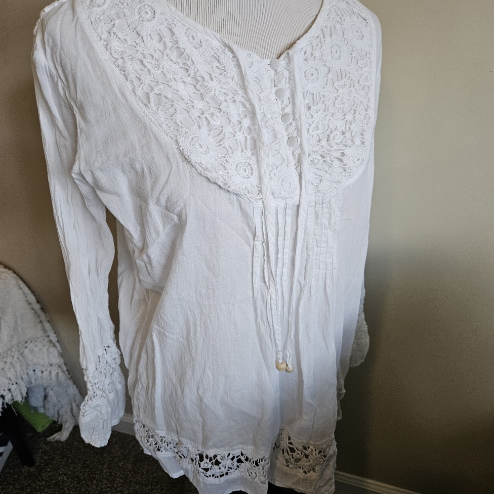 S & R Fashion 100 % Cotton White Lace Detail Women's Top Size Large. - Picture 9 of 13